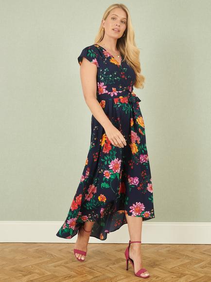 Yumi Flower Wrap Midi Dress, Navy, Navy