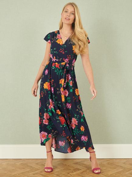 Yumi Flower Wrap Midi Dress, Navy - view 2, Navy