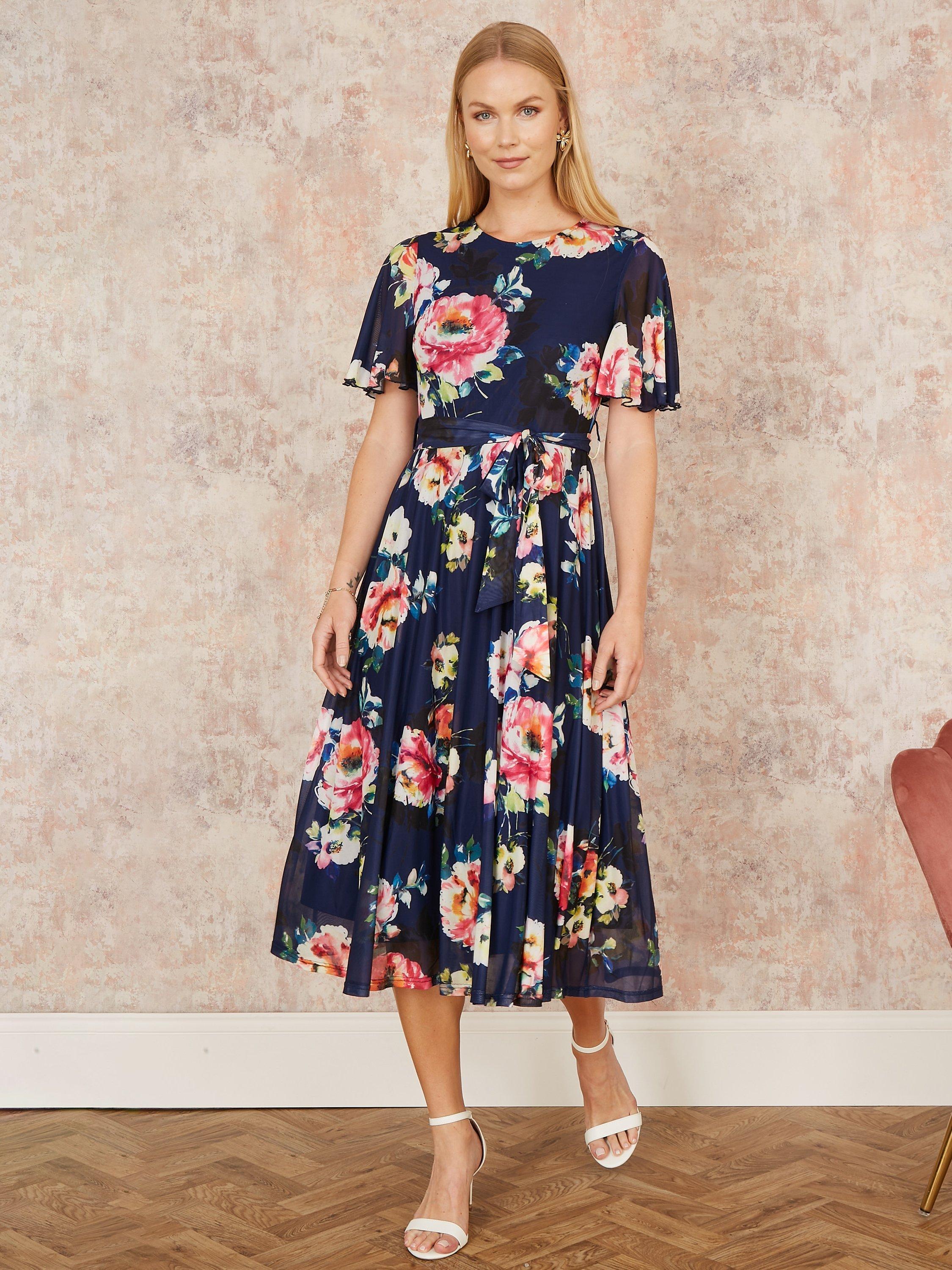 Product image 1 of 5, which shows Yumi Floral Mesh Midi Dress, Navy, 8
