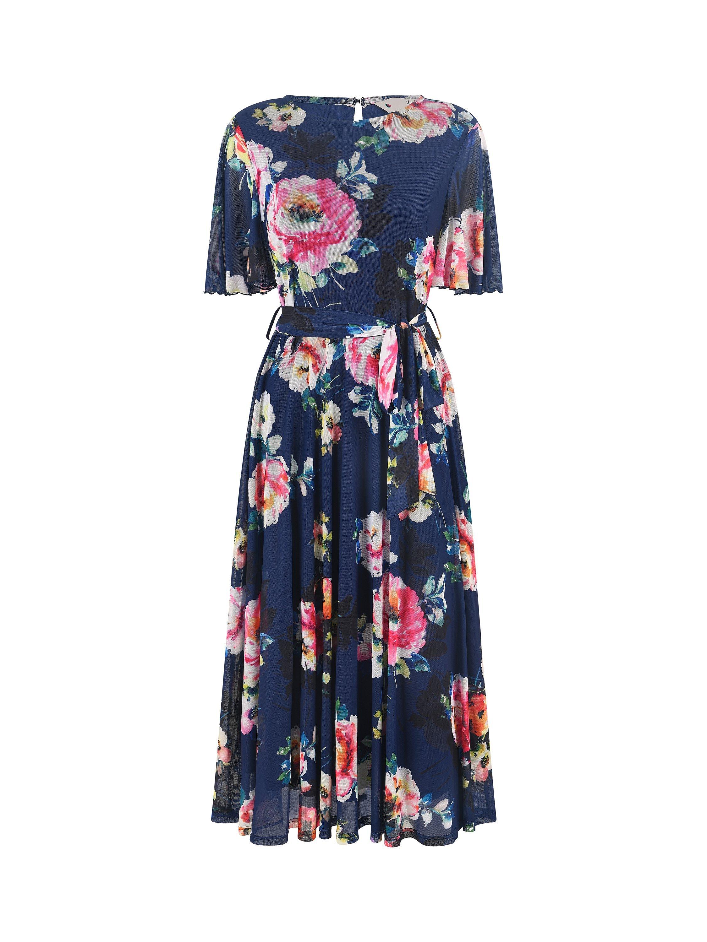 Product image 5 of 5, which shows Yumi Floral Mesh Midi Dress, Navy, 8