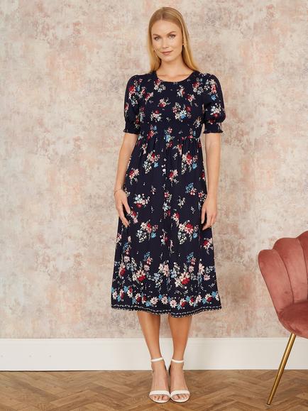 Yumi Floral Ruched Midi Dress, Navy, Navy
