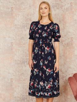 Yumi Floral Ruched Midi Dress, Navy - view 2, Navy