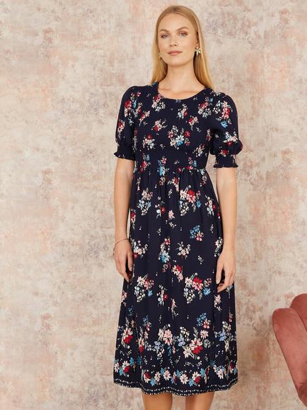 Yumi Floral Ruched Midi Dress, Navy - view 2, Navy