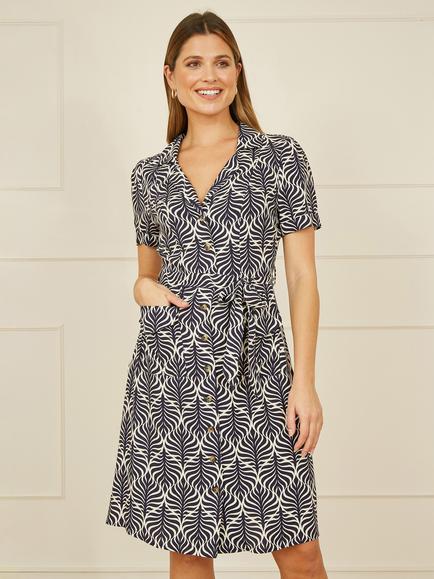 Yumi Leaf Retro Shirt Dress, Navy - view 2, Navy