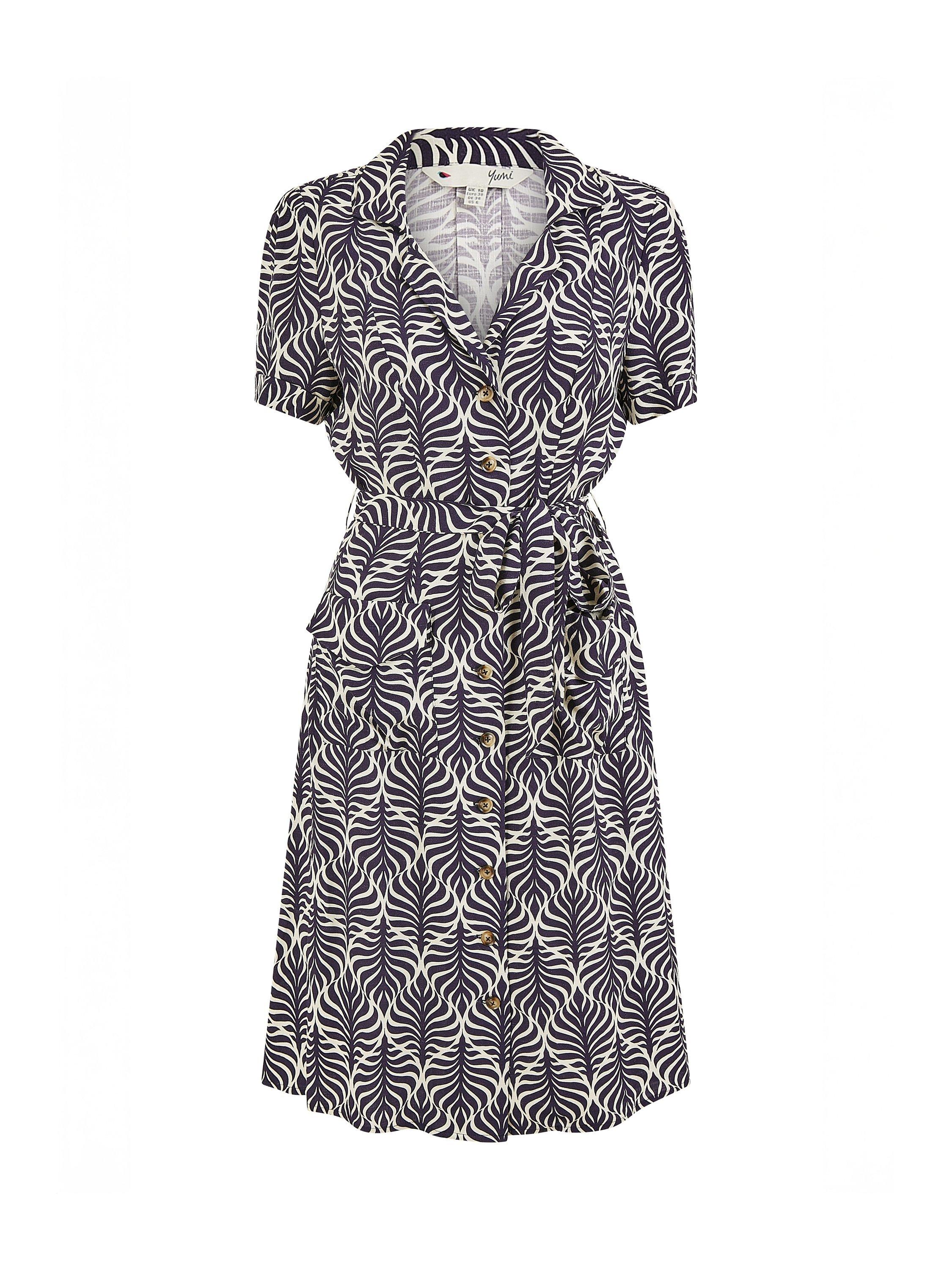 Product image 5 of 5, which shows Yumi Leaf Retro Shirt Dress, Navy, 8