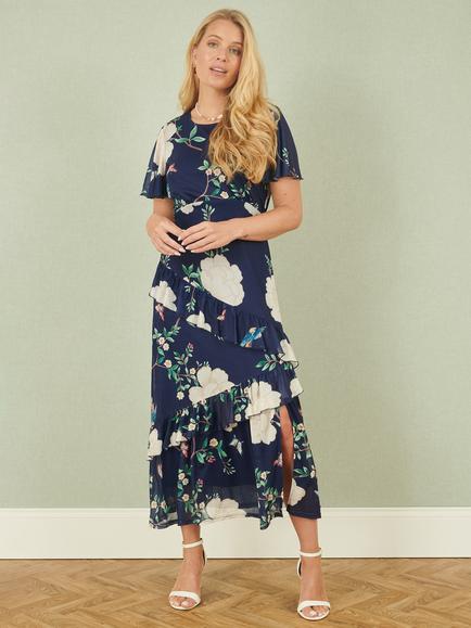 Yumi Bird & Floral Mesh Midi Dress, Navy