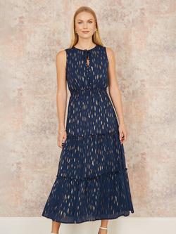Yumi Foil Print Ruched Waist Midi Dress, Navy, Navy