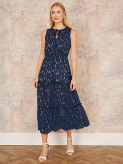 Yumi Foil Print Ruched Waist Midi Dress, Navy - view 2, Navy