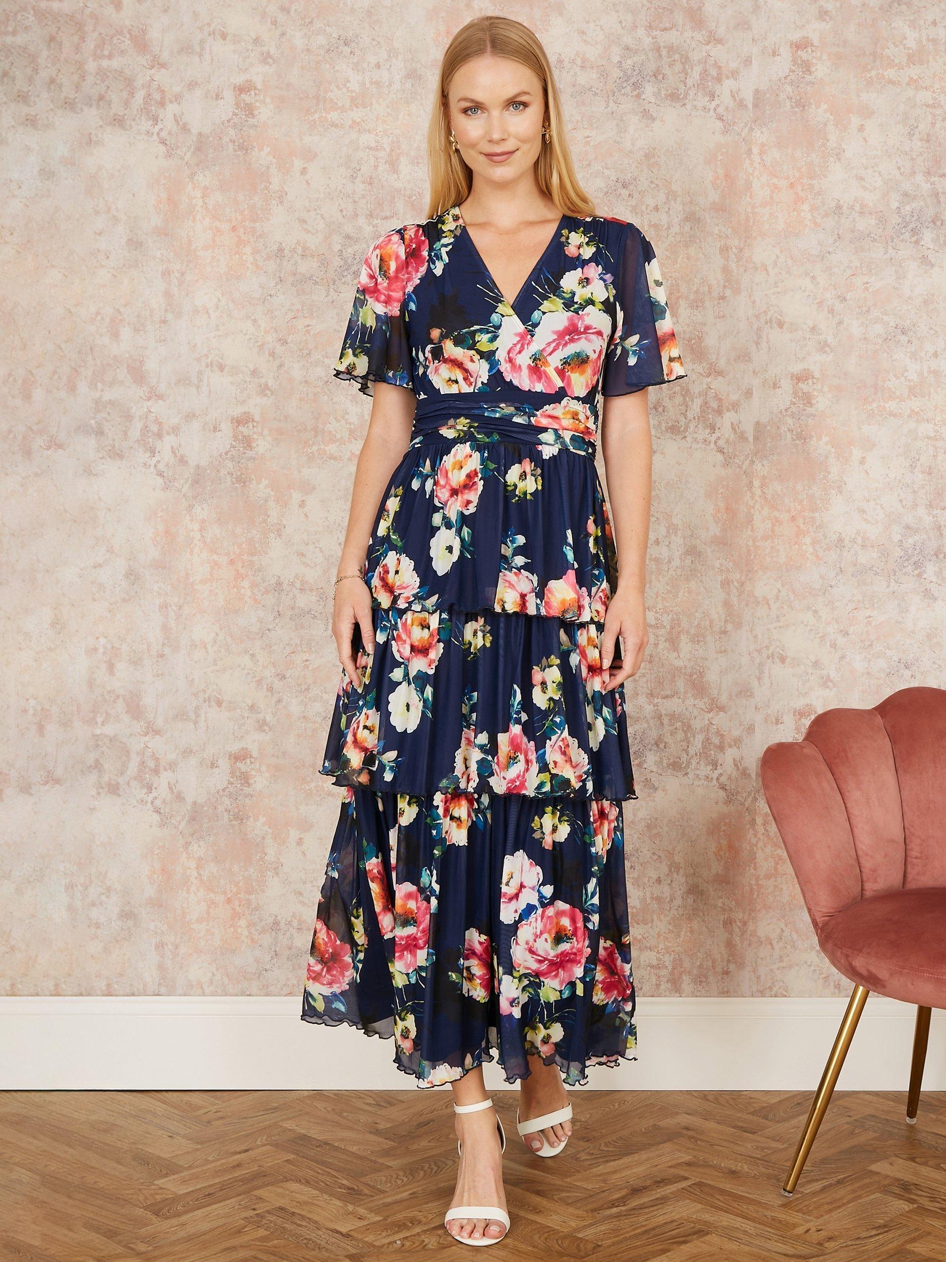 Product image 1 of 5, which shows Yumi Floral Mesh Tiered Maxi Dress, Navy, 8