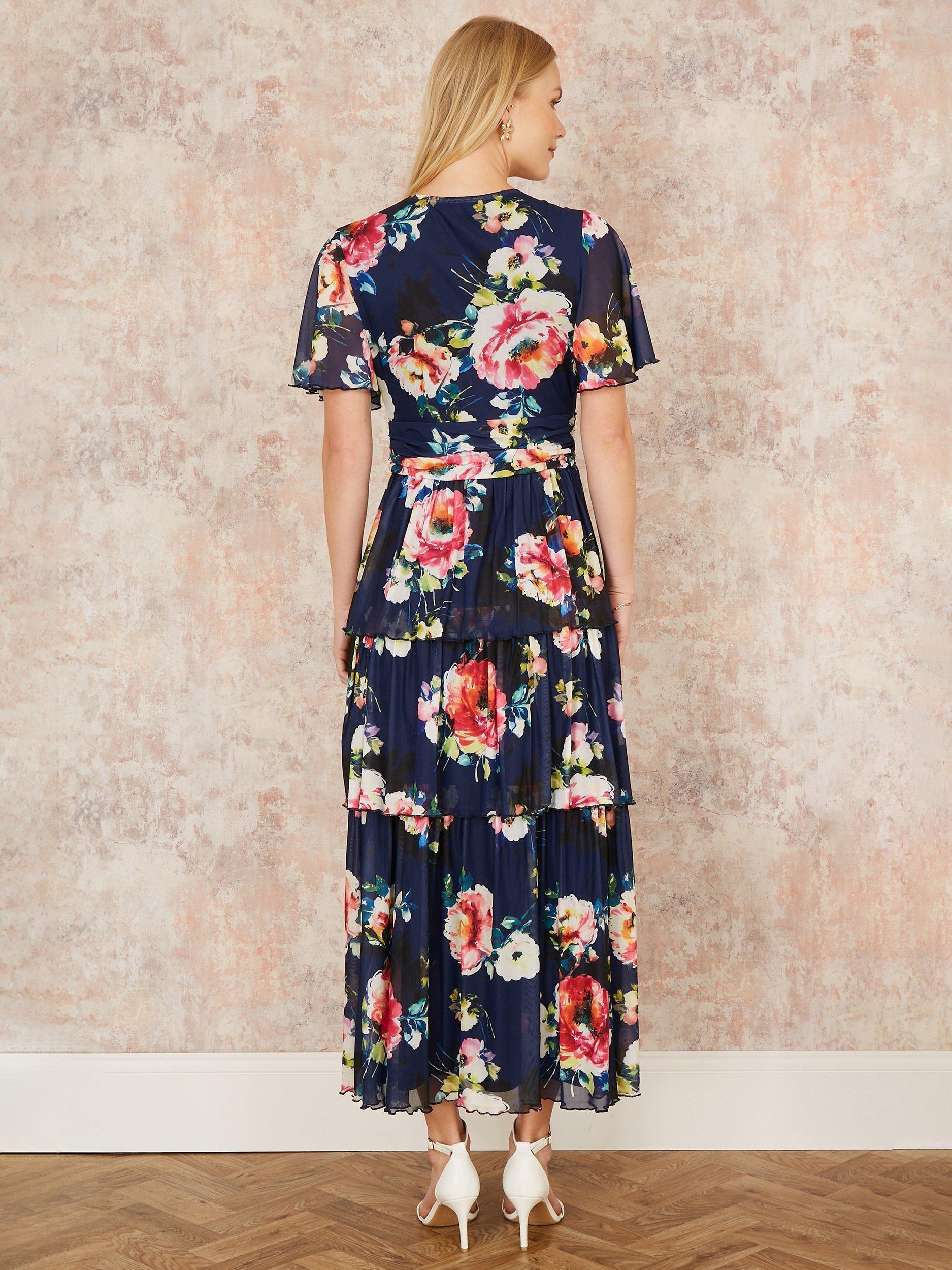 Product image 4 of 5, which shows Yumi Floral Mesh Tiered Maxi Dress, Navy, 8
