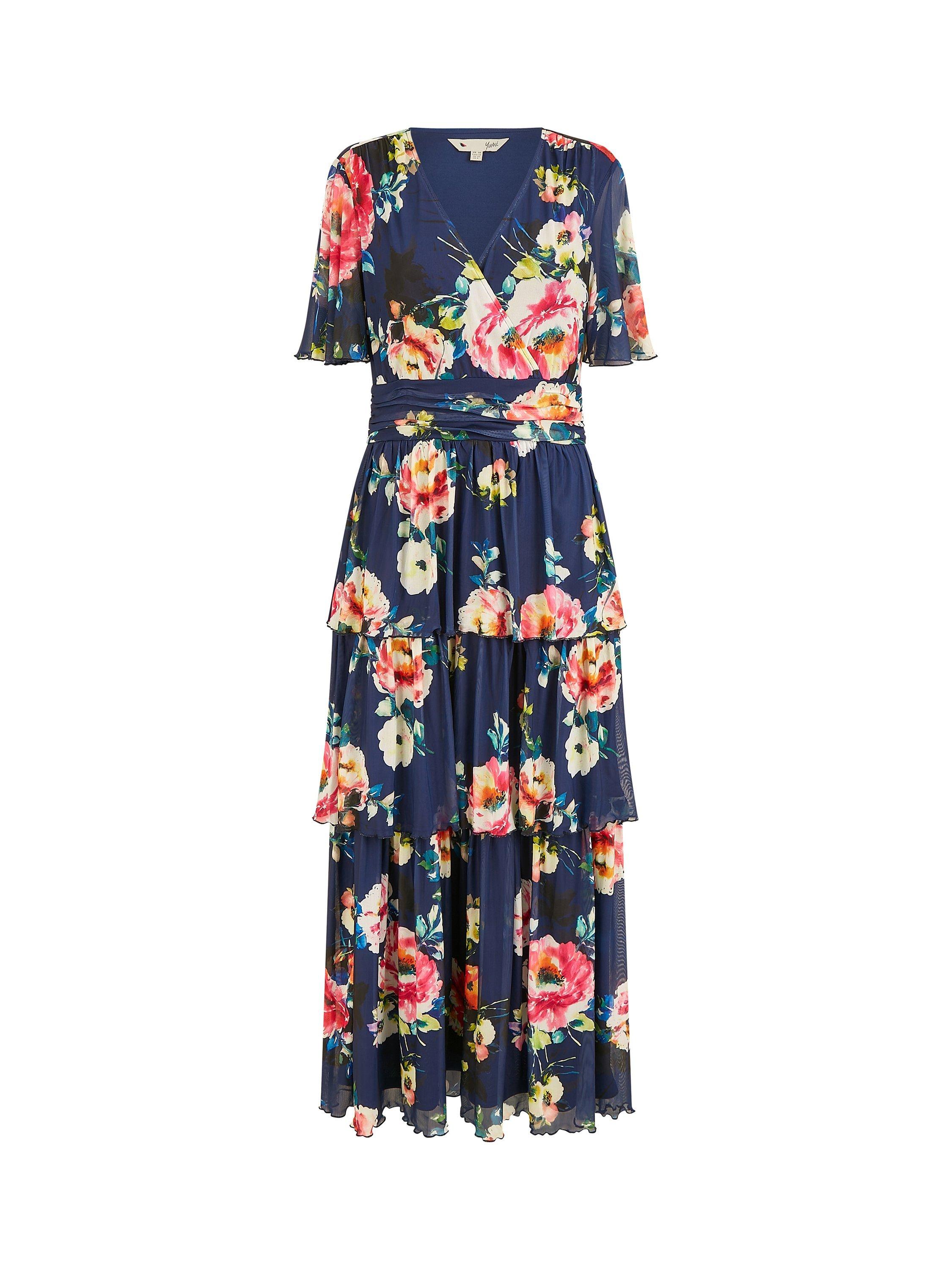 Product image 5 of 5, which shows Yumi Floral Mesh Tiered Maxi Dress, Navy, 8