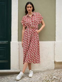 Yumi Belted Shirt Midi Dress, Red
