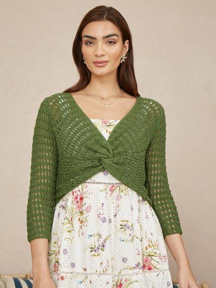 Yumi Crochet Twist Front Bolero Top, Green