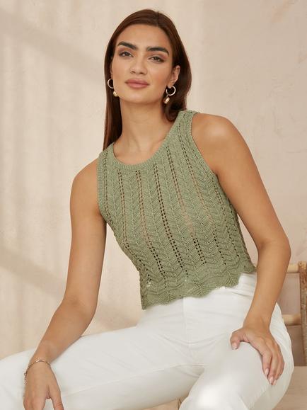 Yumi Crochet Knitted Tank Top, Sage Green