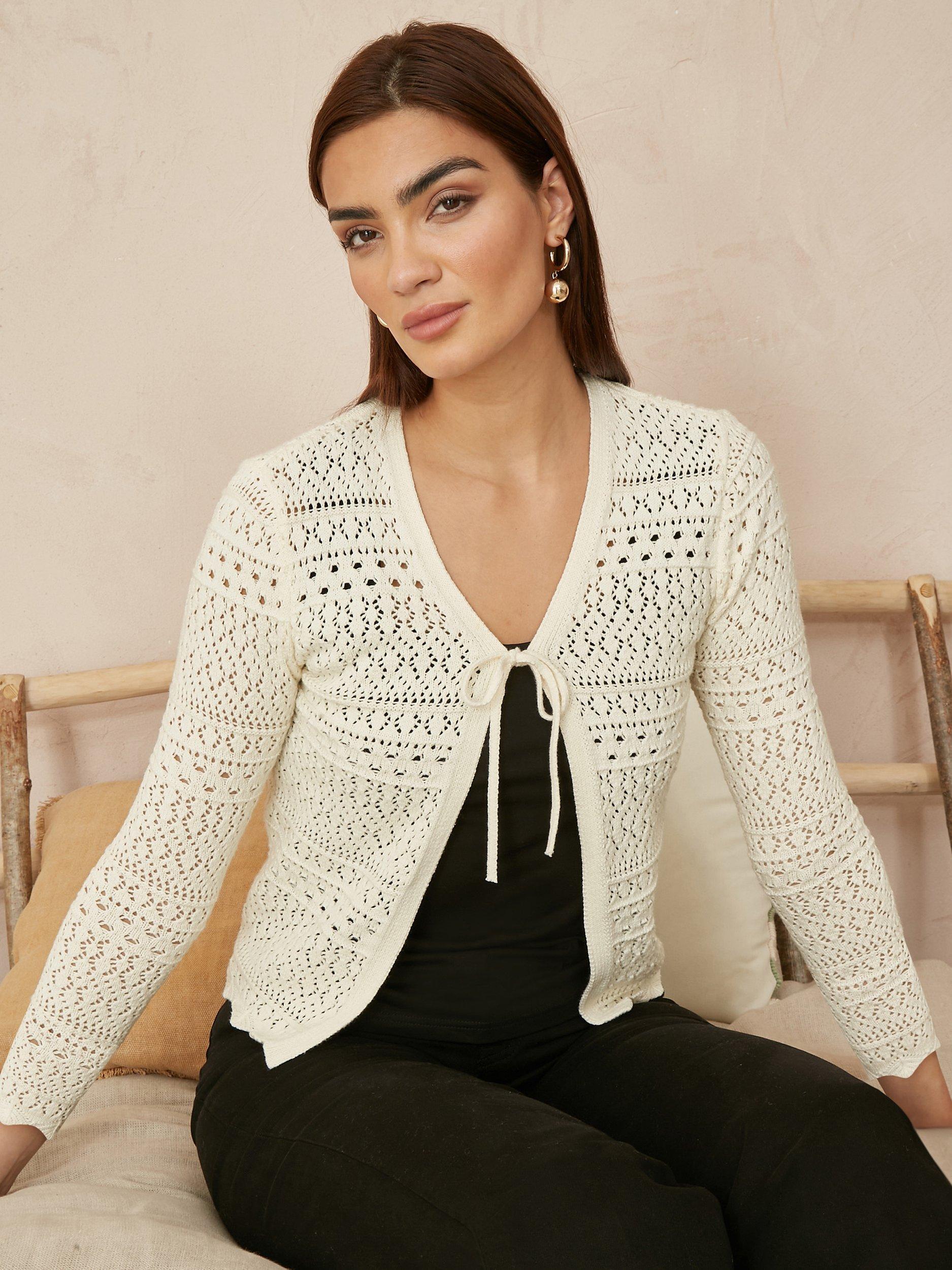 Product image 1 of 5, which shows Yumi Crochet Tie Front Cardigan, Ivory, S