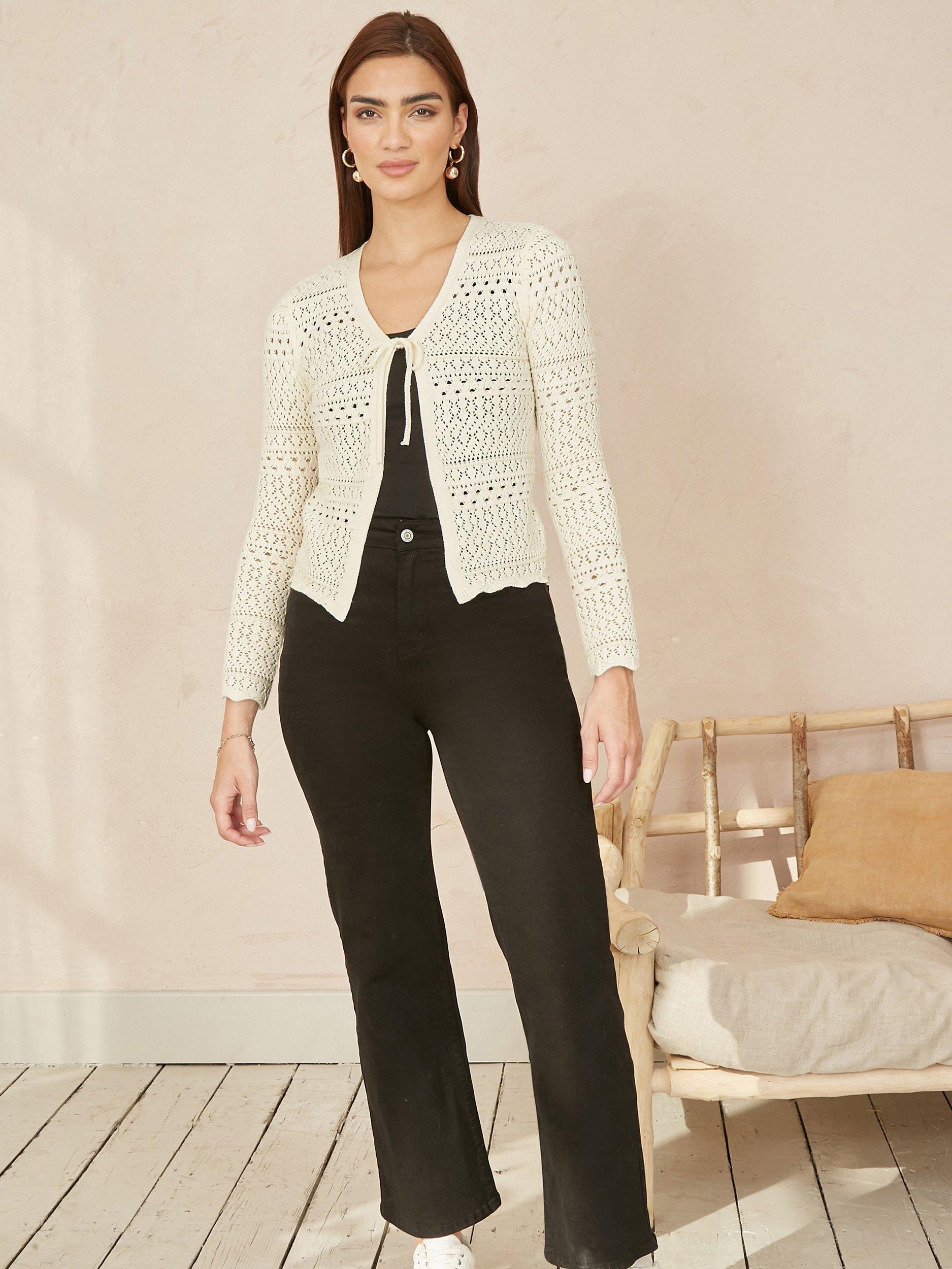 Product image 2 of 5, which shows Yumi Crochet Tie Front Cardigan, Ivory, S
