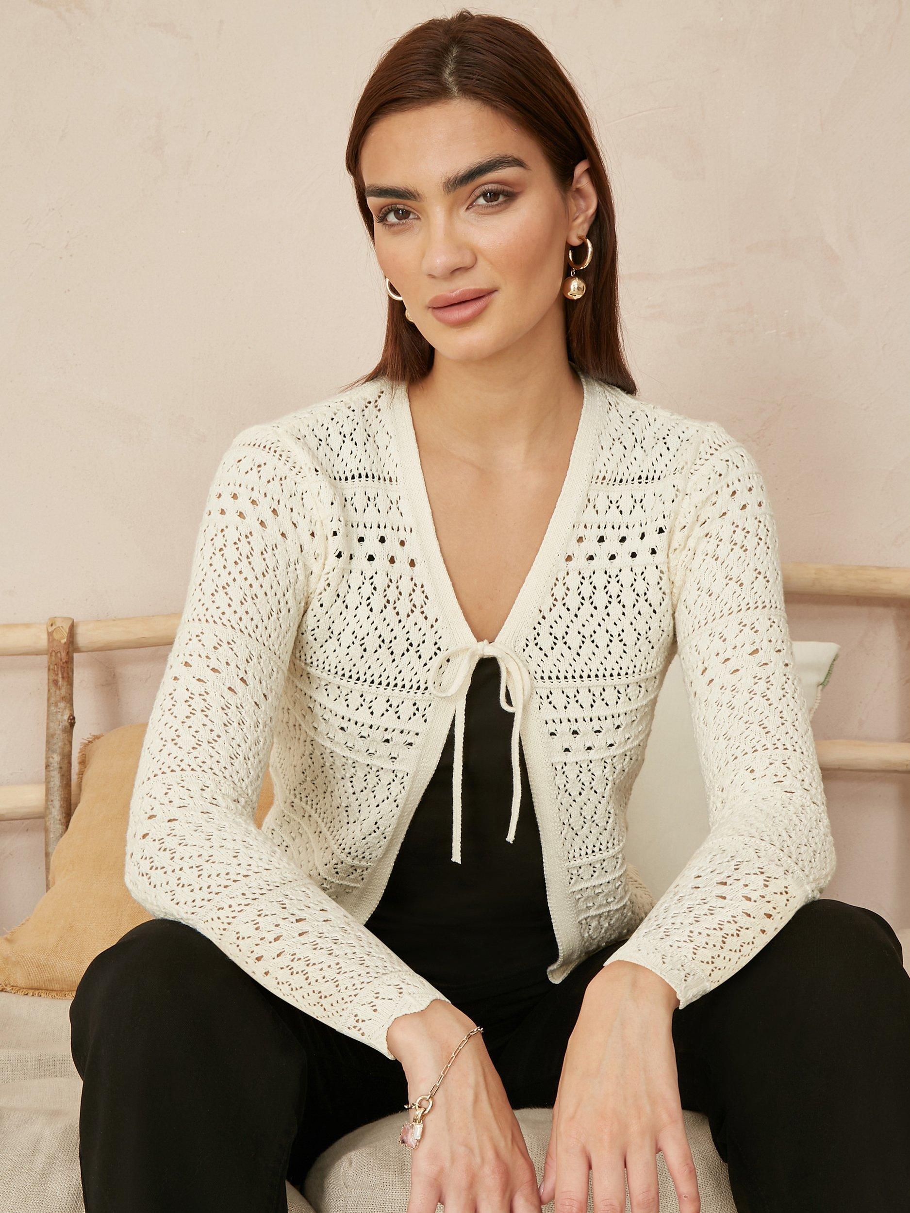 Product image 3 of 5, which shows Yumi Crochet Tie Front Cardigan, Ivory, S