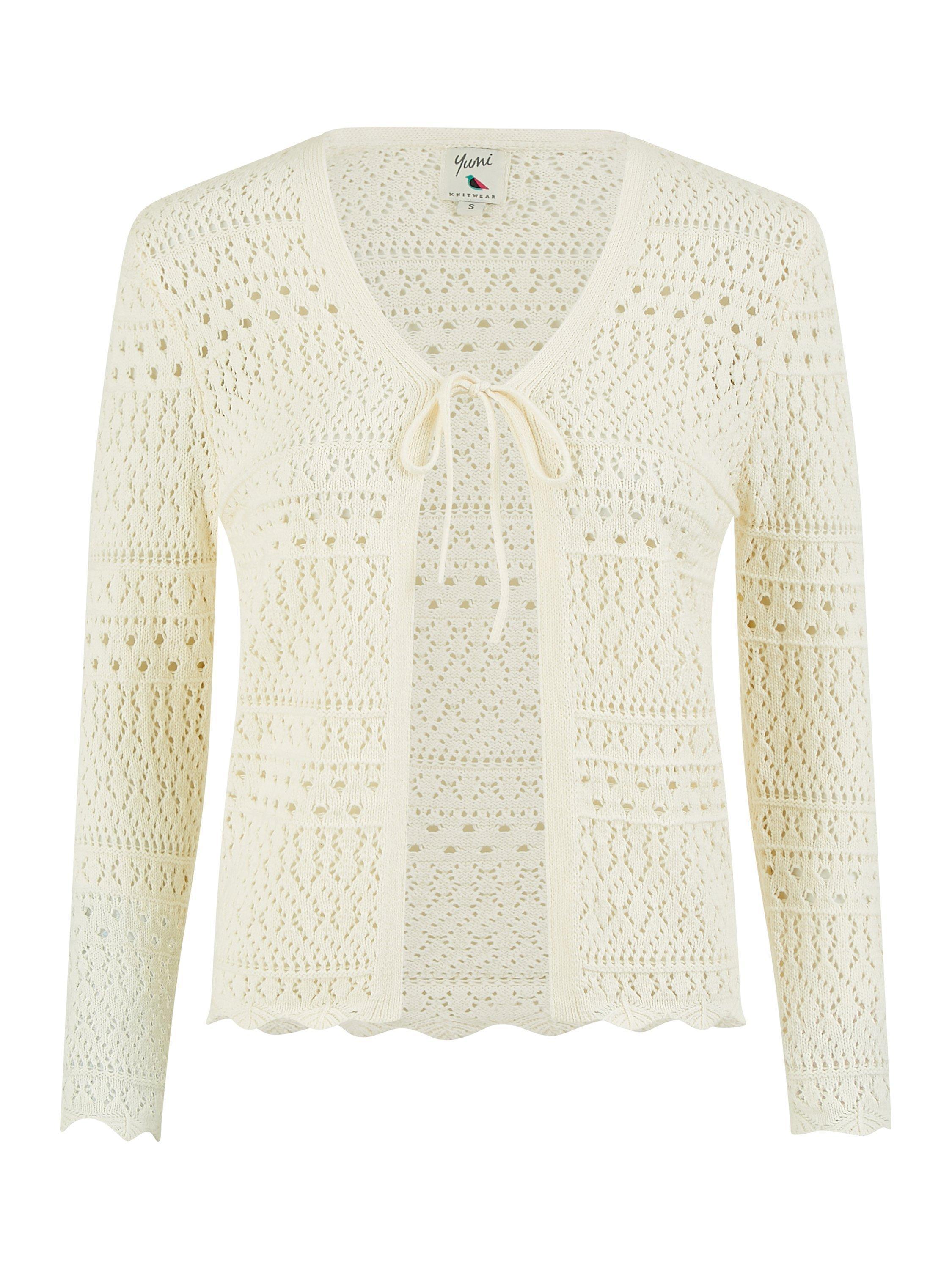Product image 5 of 5, which shows Yumi Crochet Tie Front Cardigan, Ivory, S