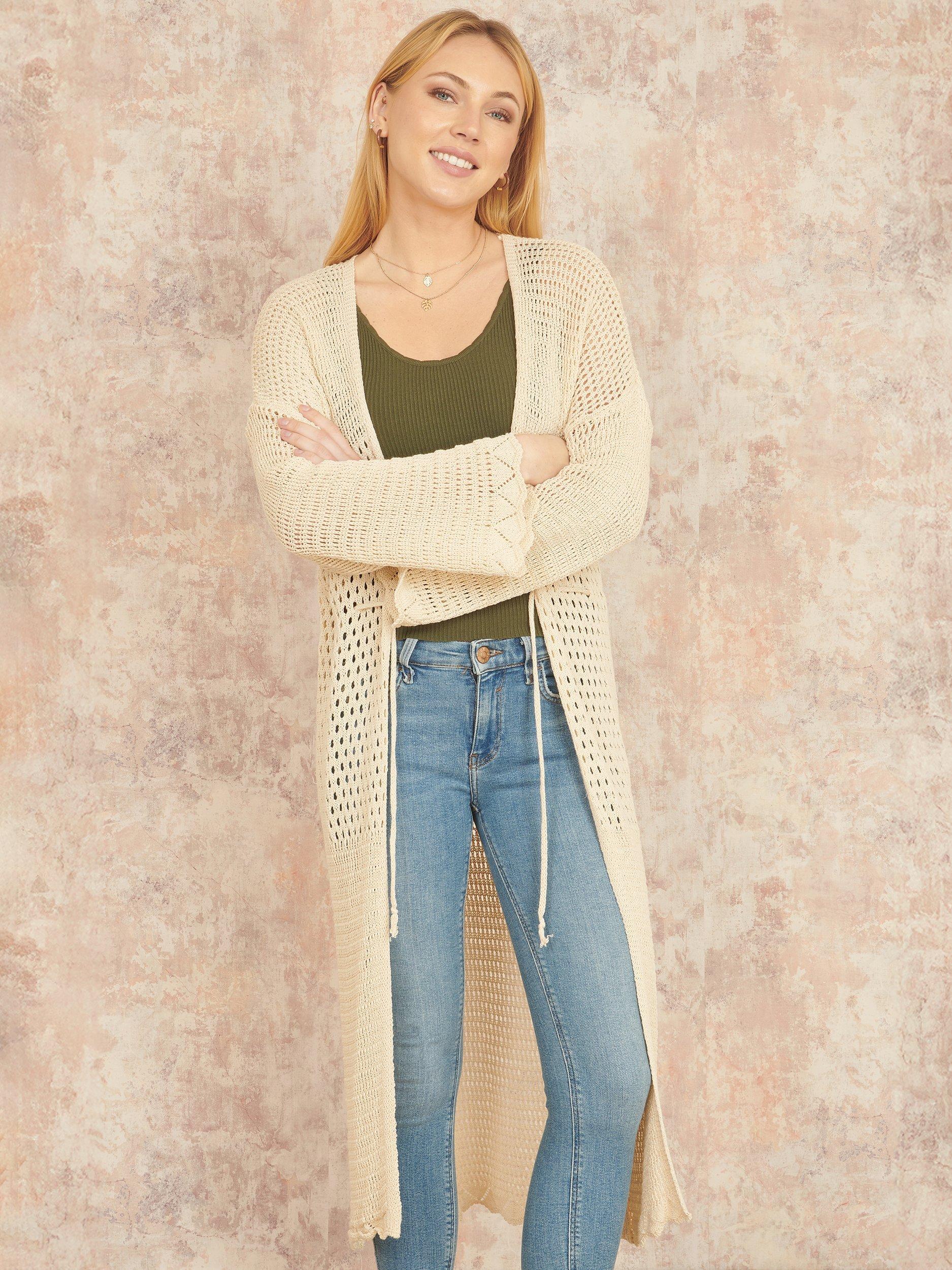 Product image 1 of 6, which shows Yumi Crochet Longline Cardigan, Beige, S-M