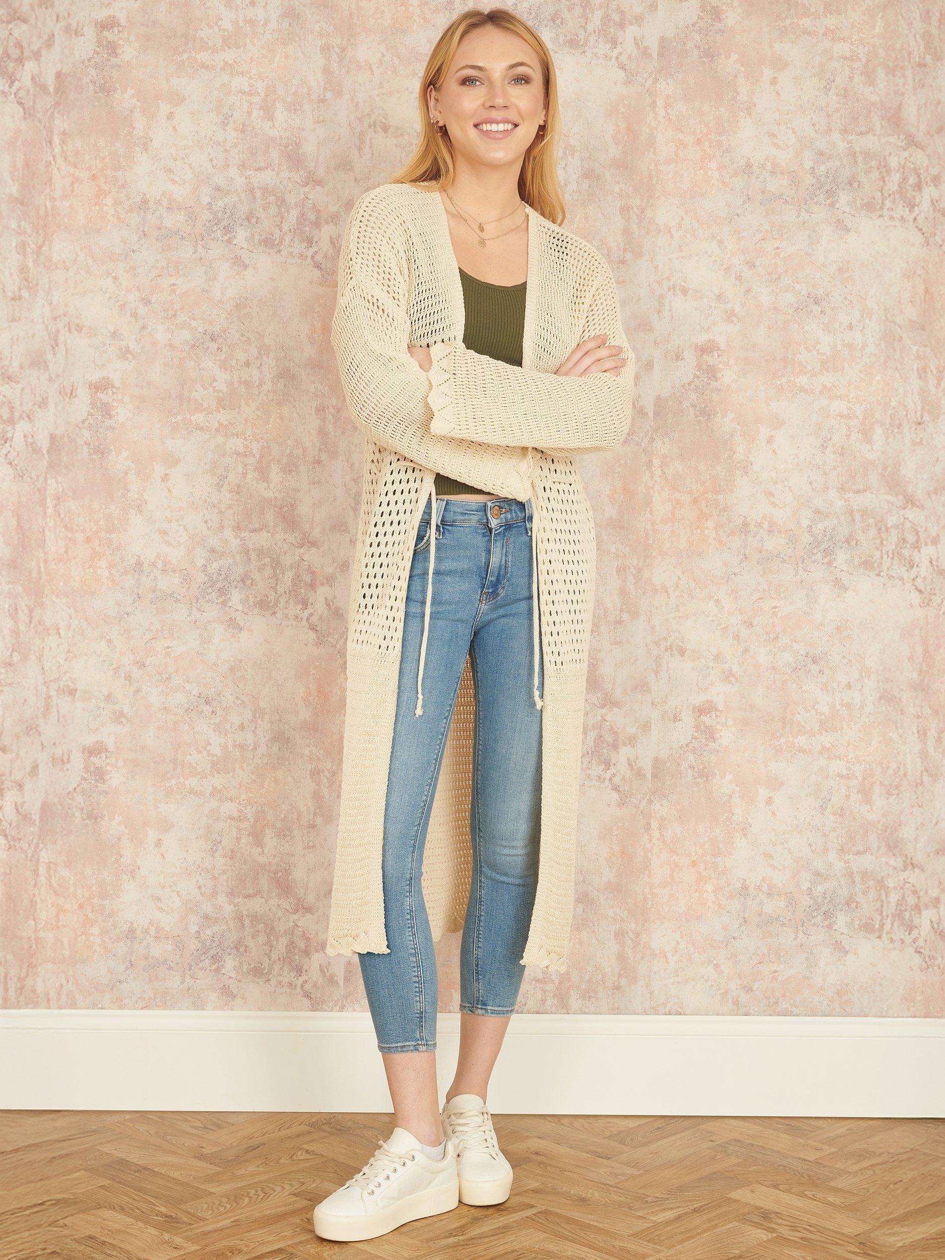 Product image 2 of 6, which shows Yumi Crochet Longline Cardigan, Beige, S-M
