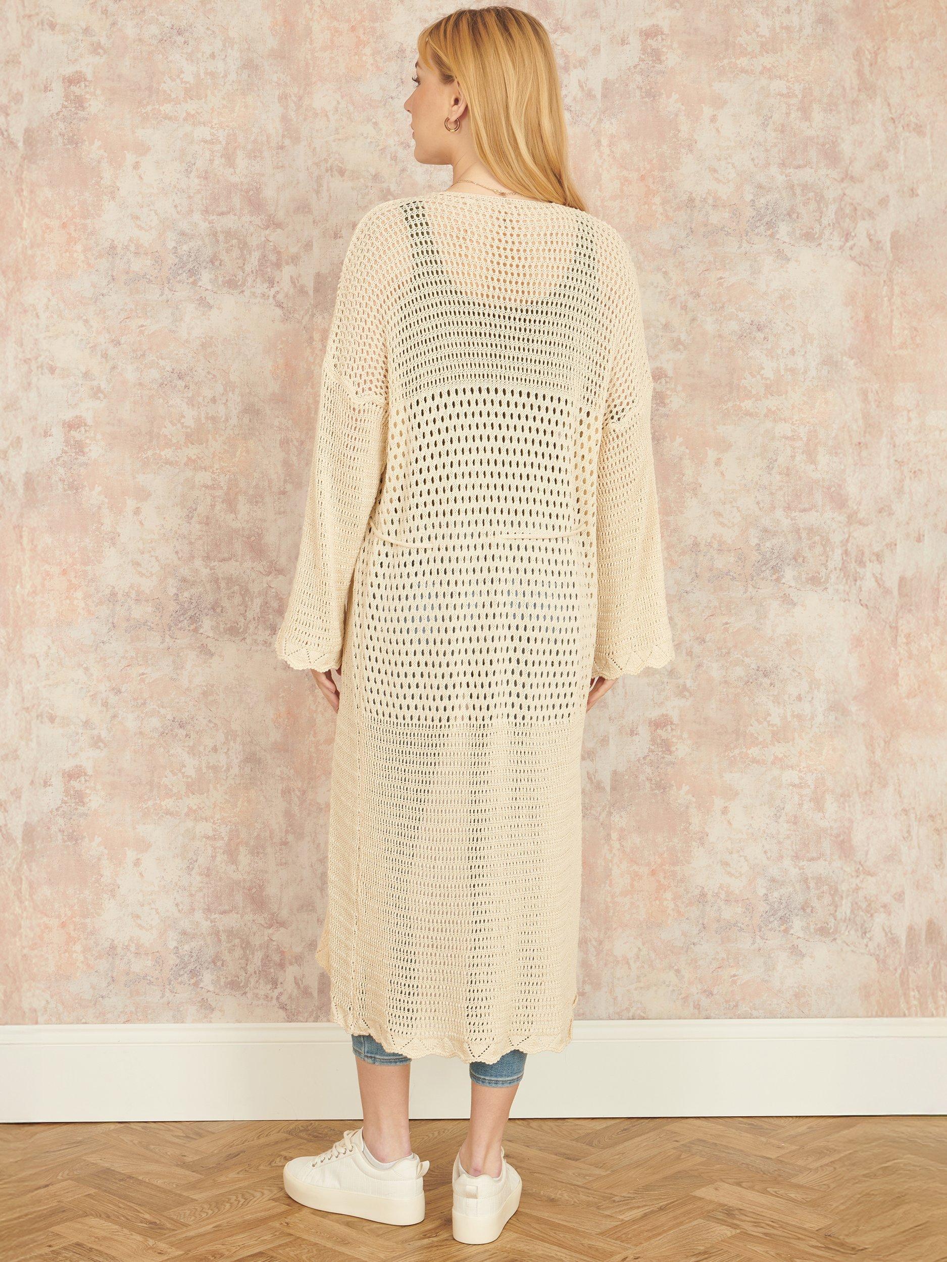 Product image 4 of 6, which shows Yumi Crochet Longline Cardigan, Beige, S-M
