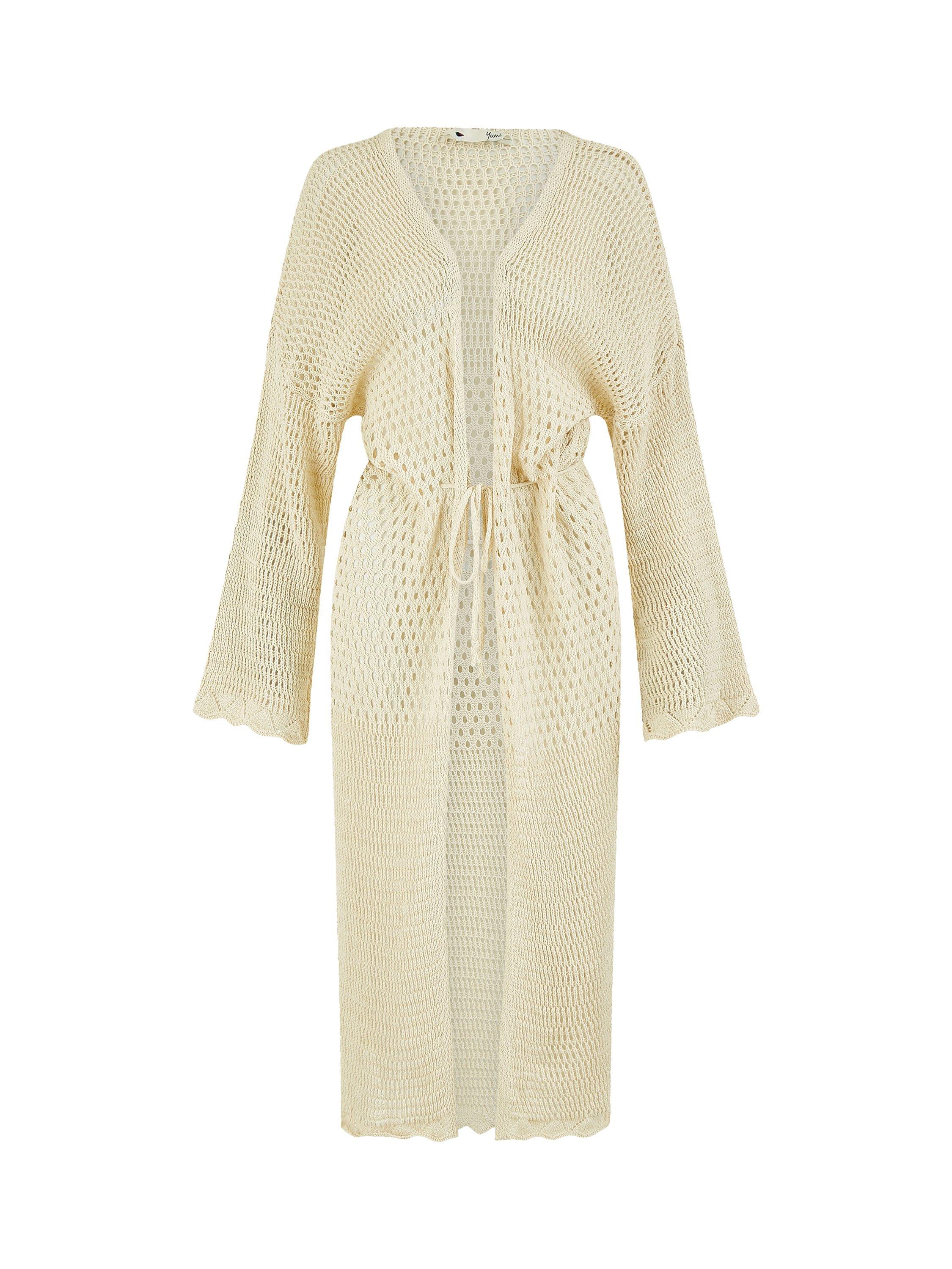 Product image 6 of 6, which shows Yumi Crochet Longline Cardigan, Beige, S-M
