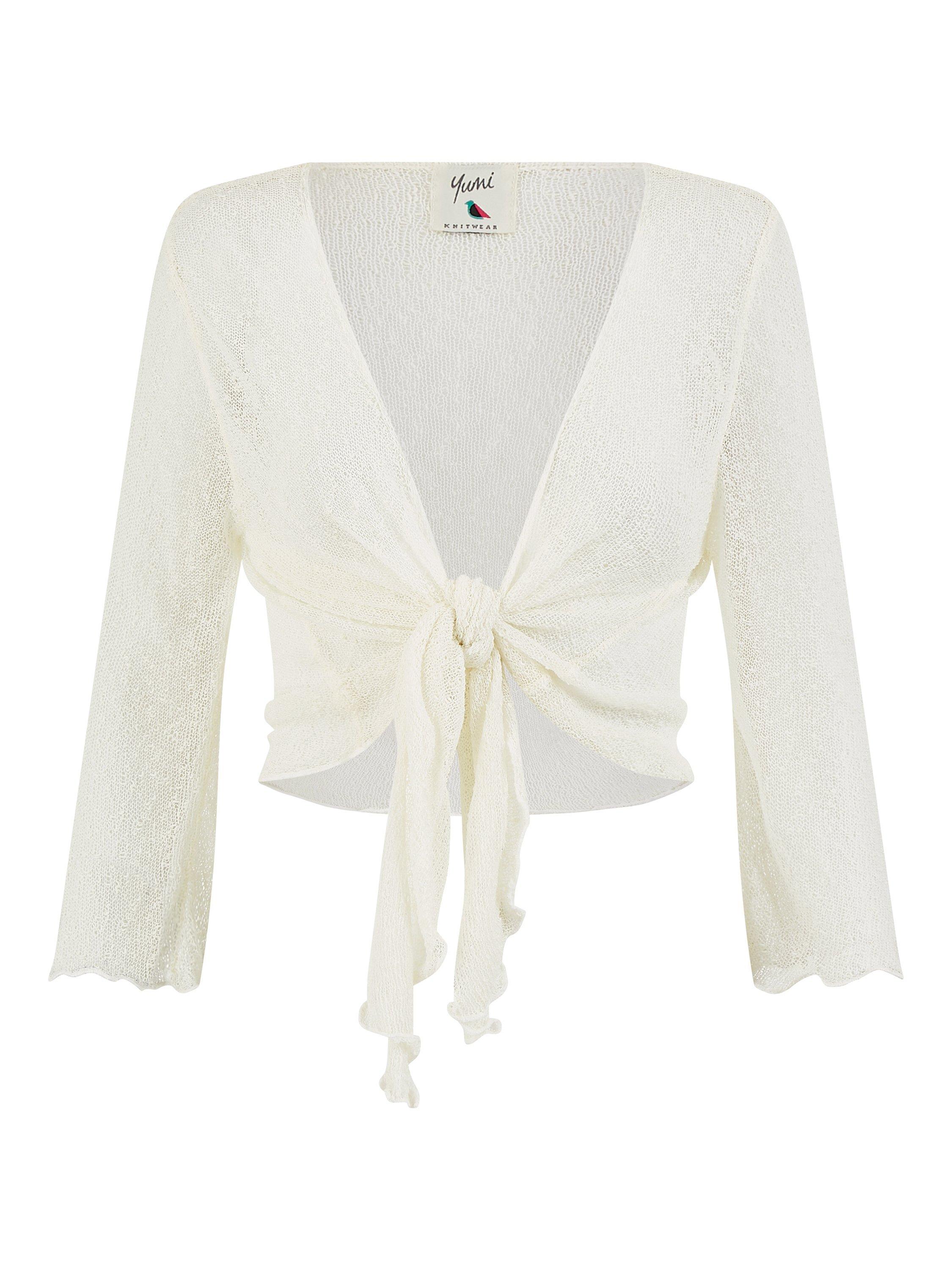 Product image 5 of 5, which shows Yumi Popcorn Yarn Tie Front Bolero Top, Ivory, M