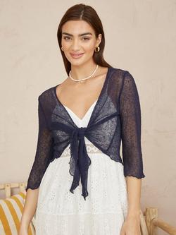 Yumi Popcorn Yarn Tie Front Bolero Top, Navy