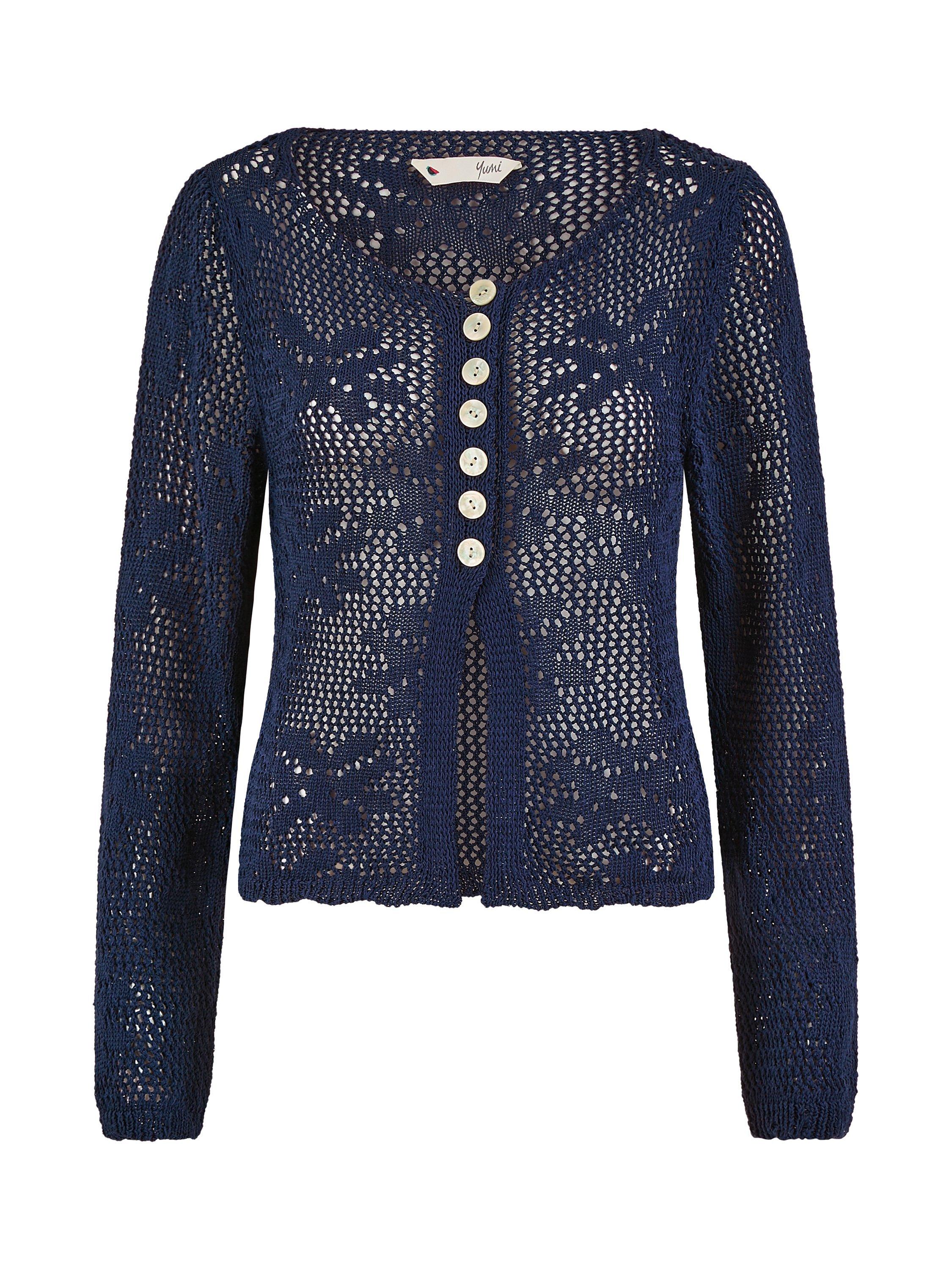 Product image 5 of 5, which shows Yumi Flower Crochet Knit Cardigan, Navy, S