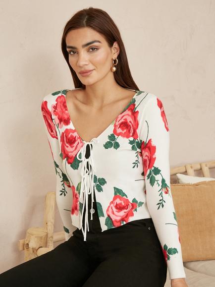 Yumi Rose Print Tie Front Cardigan, White
