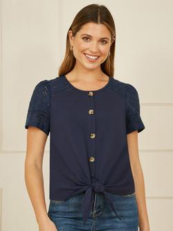Yumi Broderie Anglaise Sleeve Button Front Top, Navy, Navy