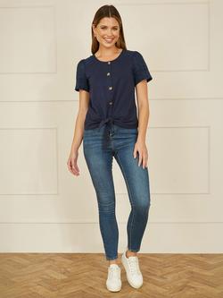 Yumi Broderie Anglaise Sleeve Button Front Top, Navy - view 2, Navy