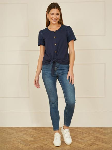 Yumi Broderie Anglaise Sleeve Button Top - view 2, Navy