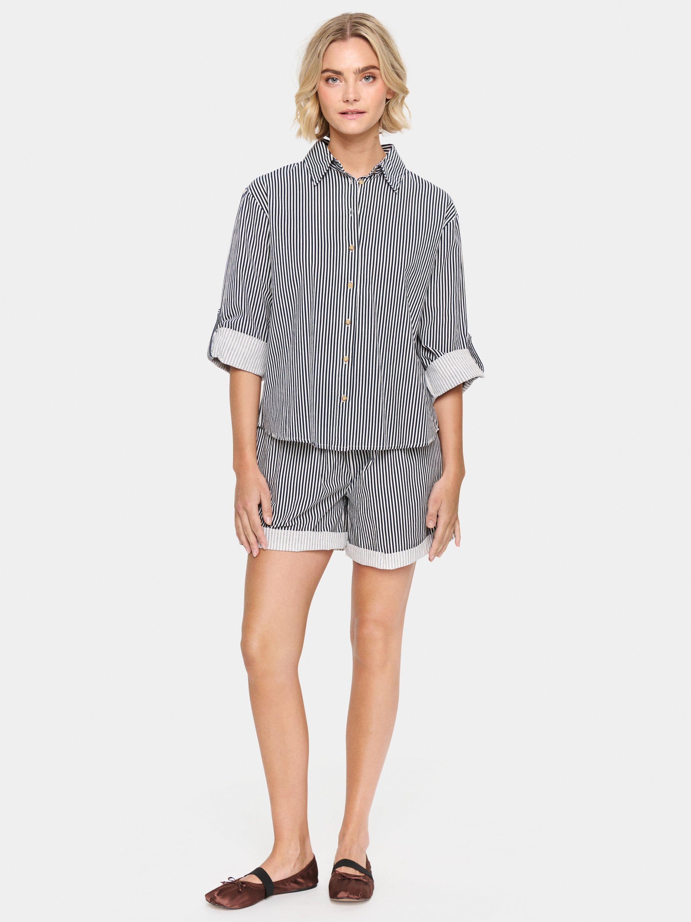 Product image 3 of 6, which shows Saint Tropez Zalinda Stripe Roll Tab Shirt, White/Multi, XS