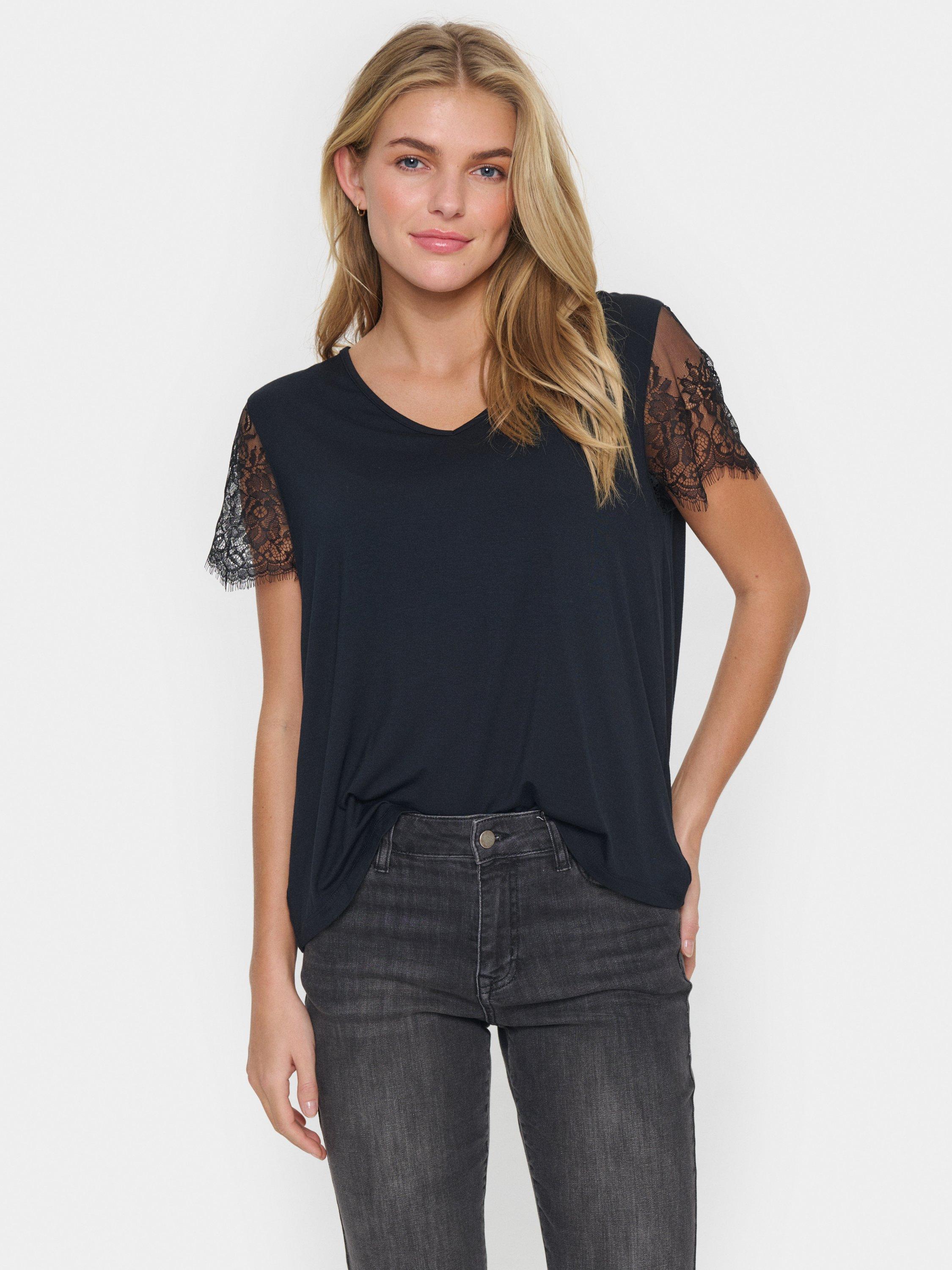 Product image 1 of 6, which shows Saint Tropez Zhanti Lace Sleeve T-Shirt, Black, XS