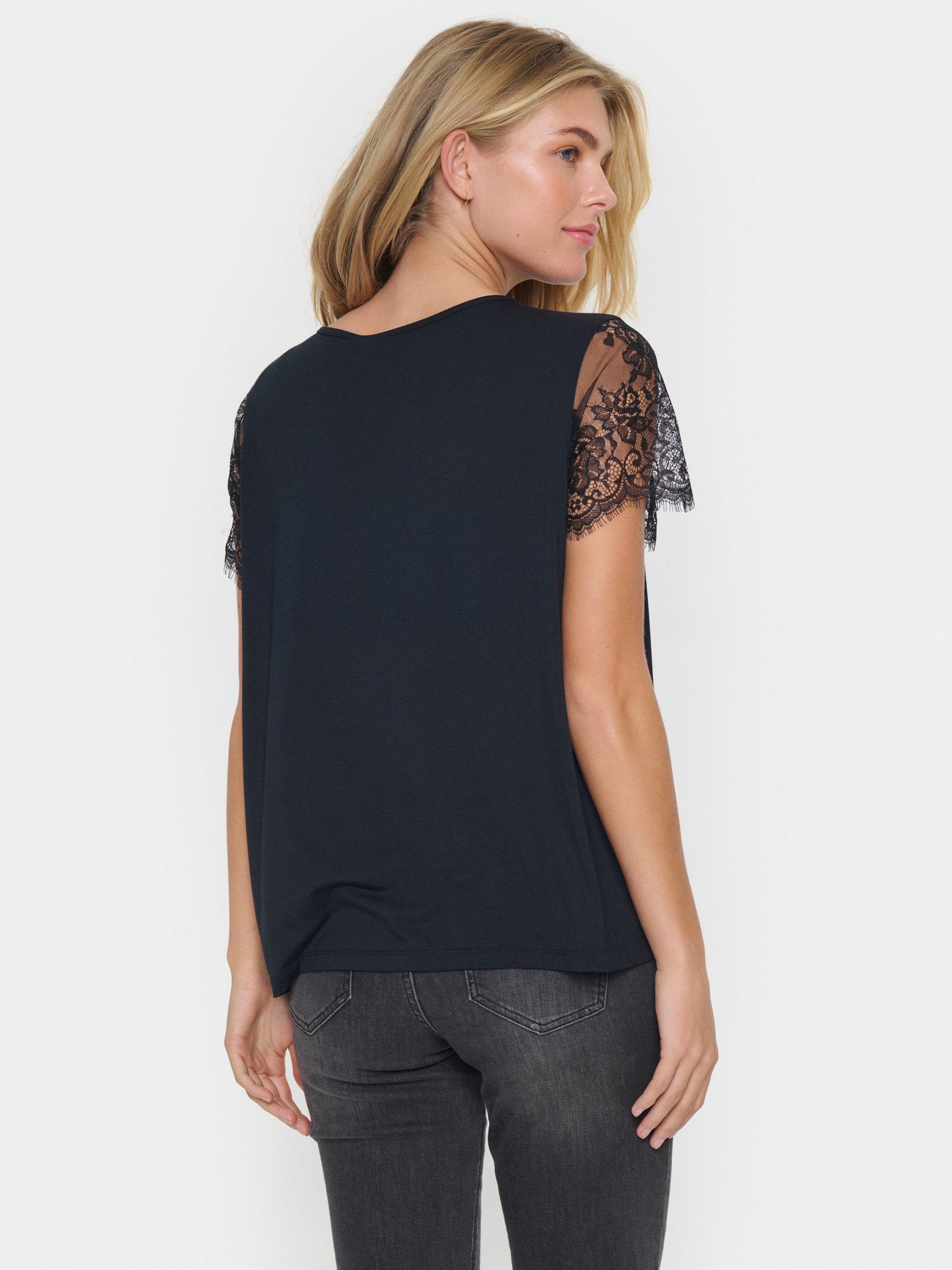 Product image 2 of 6, which shows Saint Tropez Zhanti Lace Sleeve T-Shirt, Black, XS