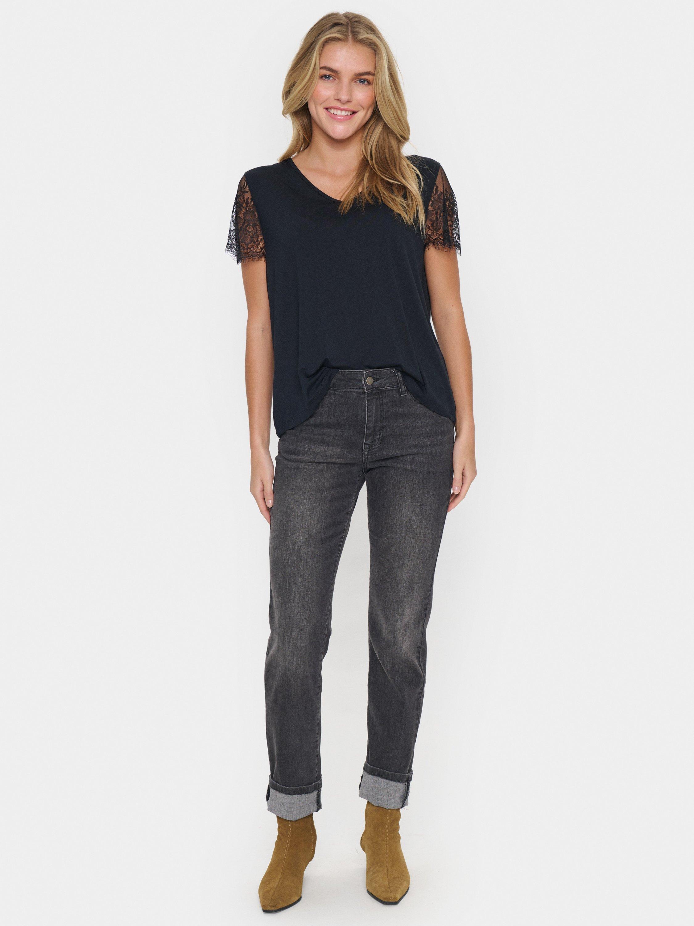 Product image 3 of 6, which shows Saint Tropez Zhanti Lace Sleeve T-Shirt, Black, XS