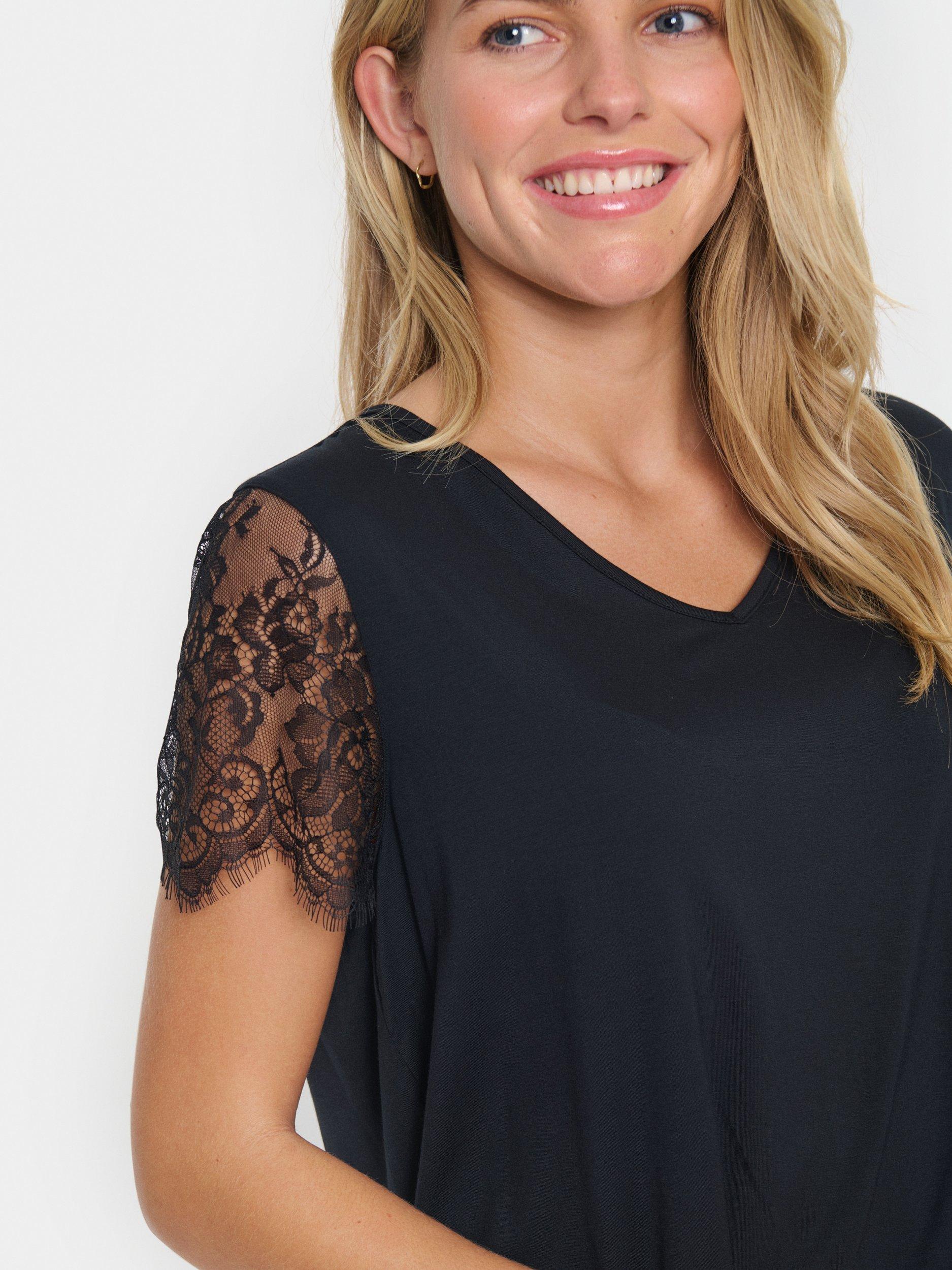Product image 4 of 6, which shows Saint Tropez Zhanti Lace Sleeve T-Shirt, Black, XS