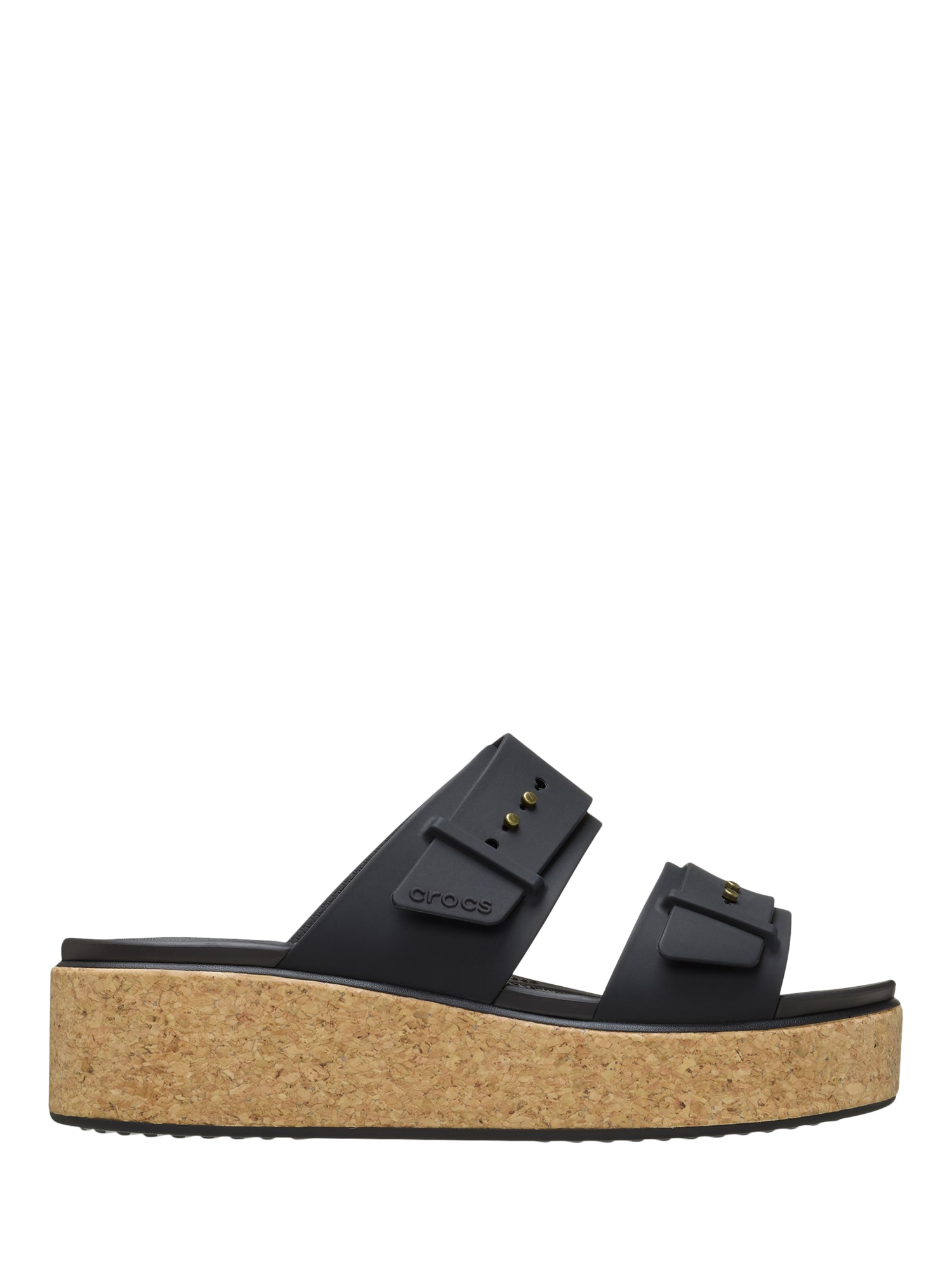 Product image 1 of 6, which shows Crocs Brooklyn Buckle Low Wedge Strappy Sandals, Black, 4