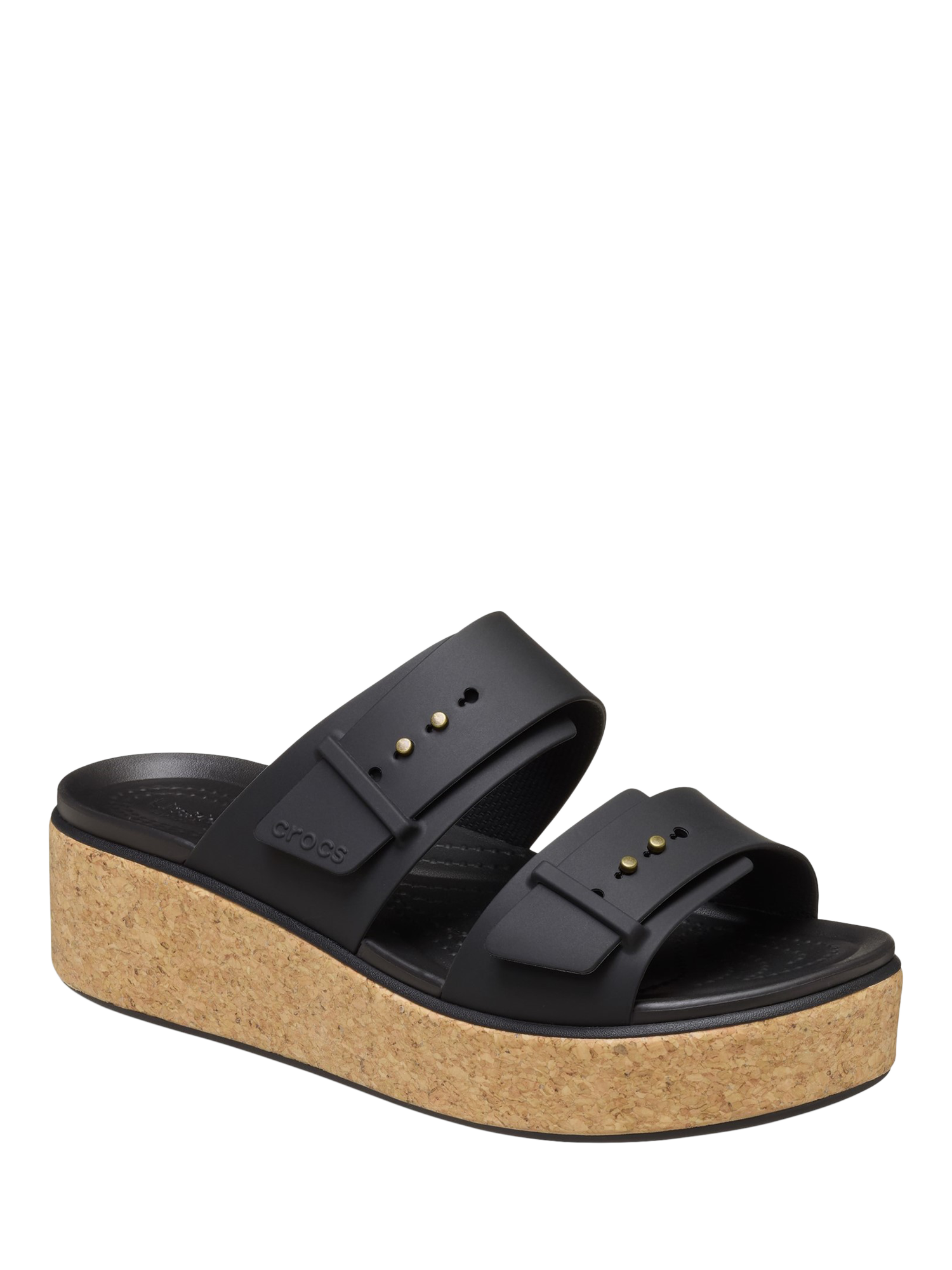Product image 2 of 6, which shows Crocs Brooklyn Buckle Low Wedge Strappy Sandals, Black, 4