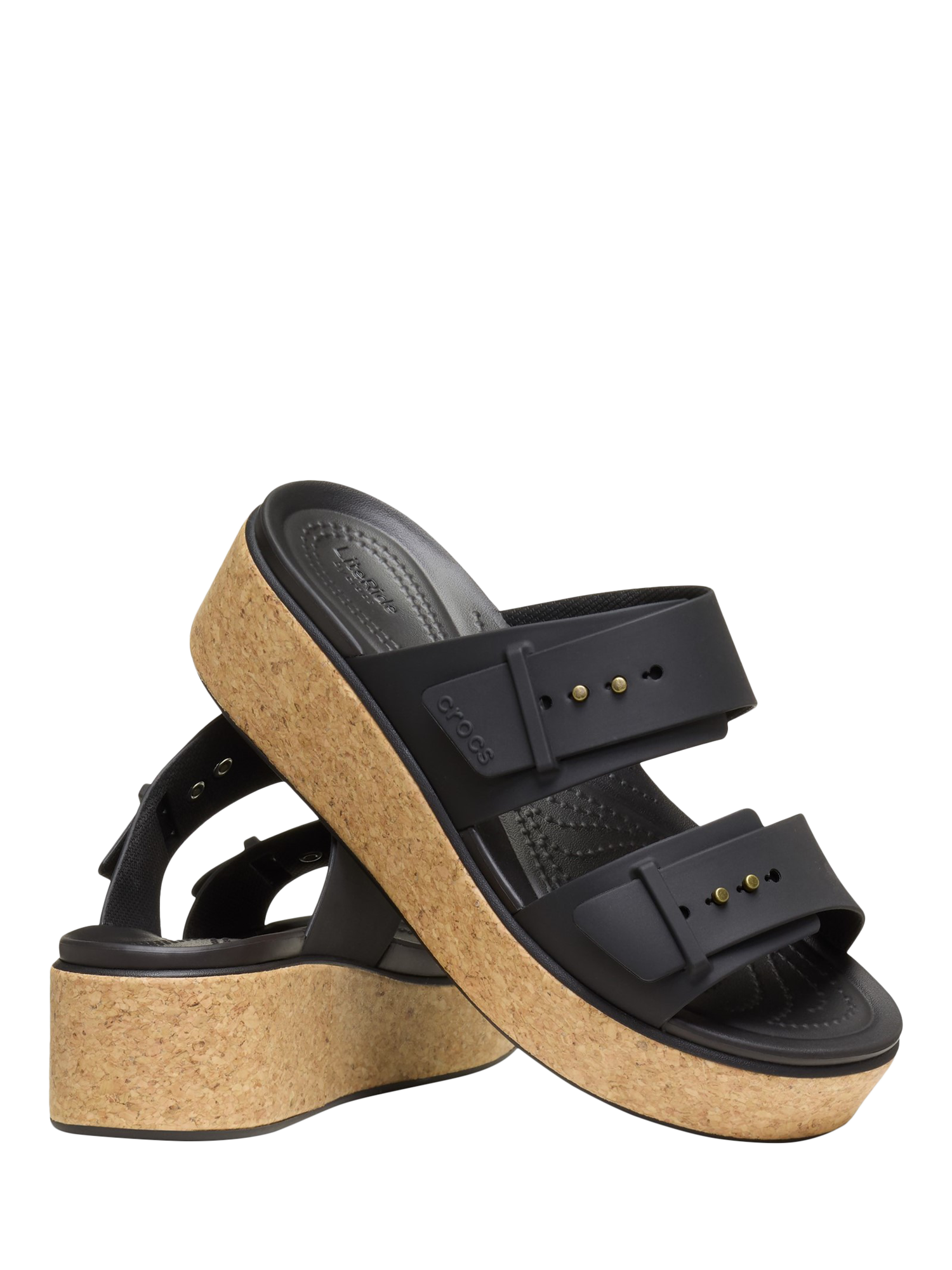 Product image 4 of 6, which shows Crocs Brooklyn Buckle Low Wedge Strappy Sandals, Black, 4