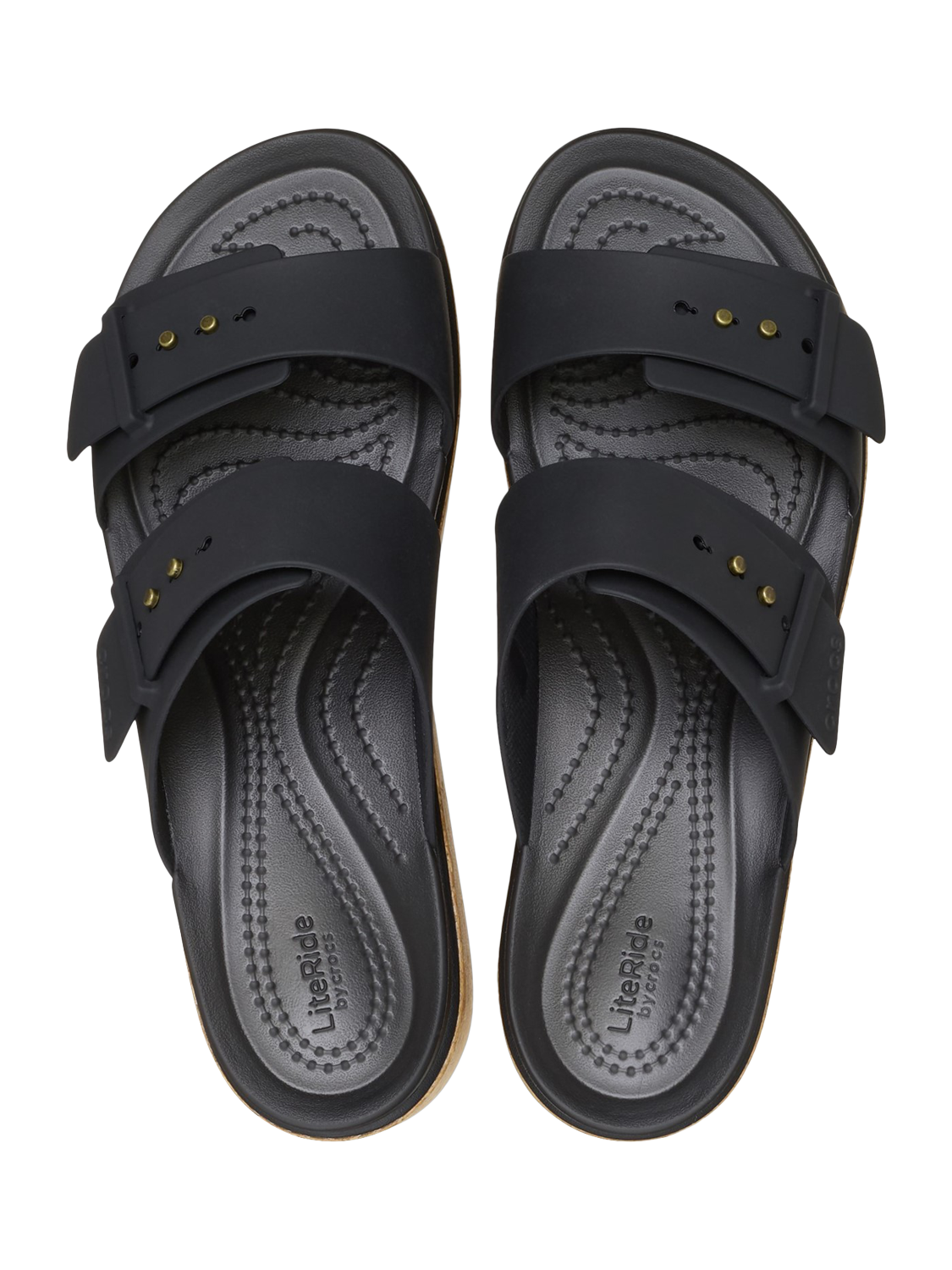 Product image 6 of 6, which shows Crocs Brooklyn Buckle Low Wedge Strappy Sandals, Black, 4