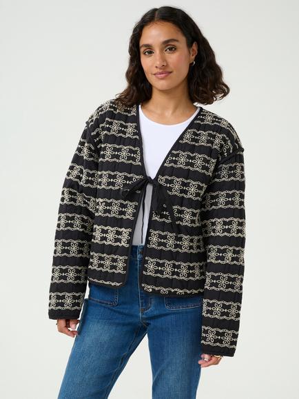 KAFFE Ronia Contrast Embroidered Tie Jacket, Black/Multi, Black/Multi