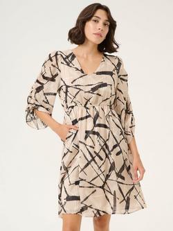 KAFFE Archy Abstract Pleated Knee Length Dress, Beige/Multi, Beige/Multi