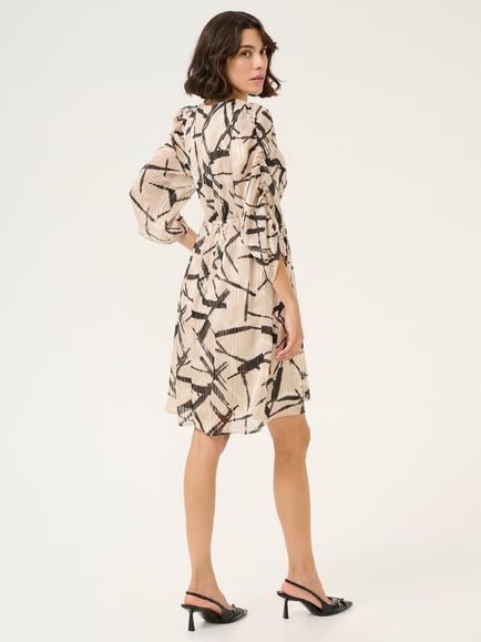 KAFFE Archy Abstract Pleated Knee Length Dress, Beige/Multi - view 2, Beige/Multi