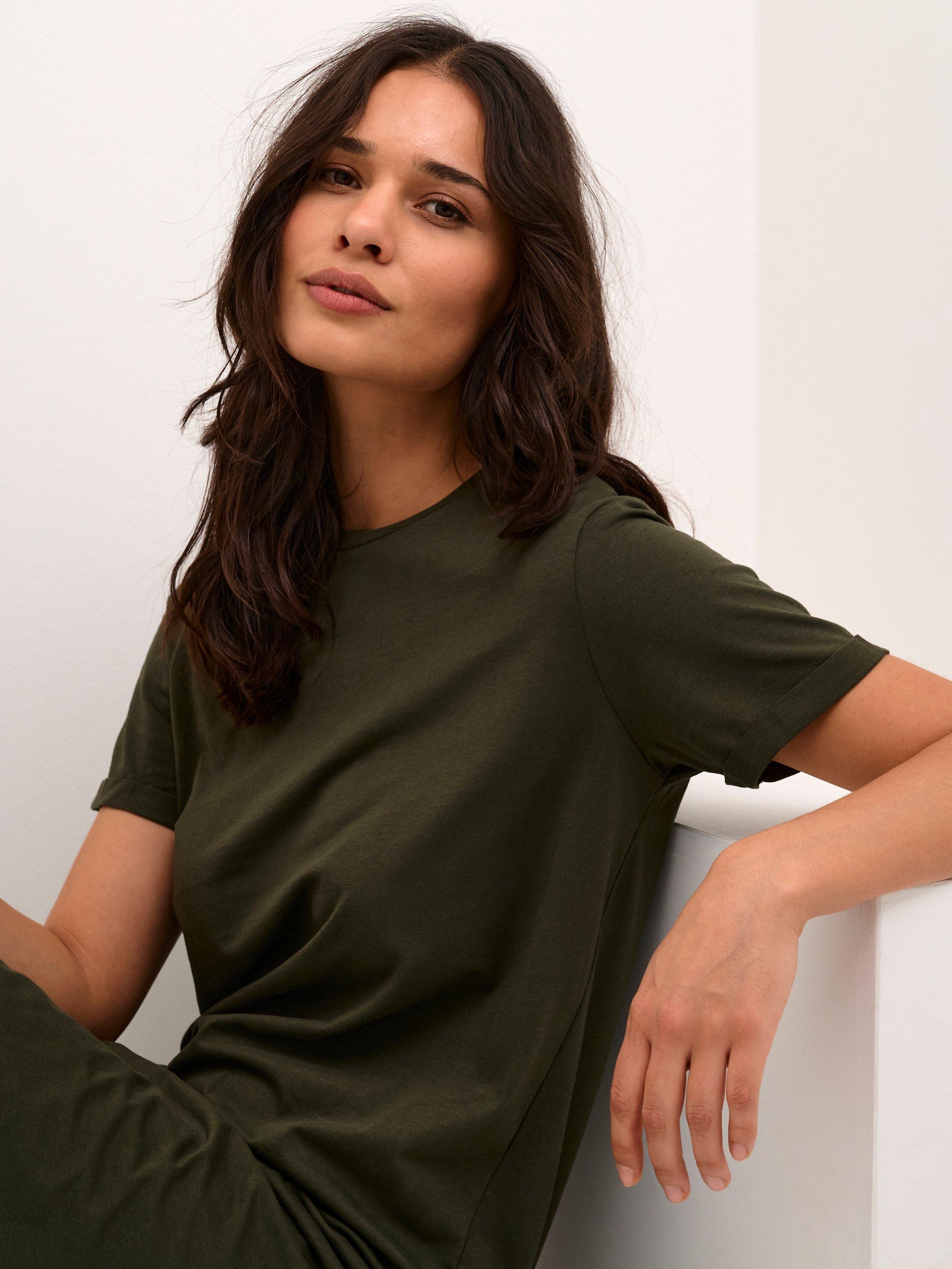 Product image 1 of 5, which shows KAFFE Celina Cotton T-Shirt Midi Dress, Mid Green, XS