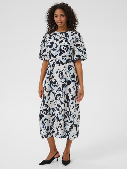 KAFFE Paco Floral A-Line Short Sleeve Midi Dress, Blue/Multi
