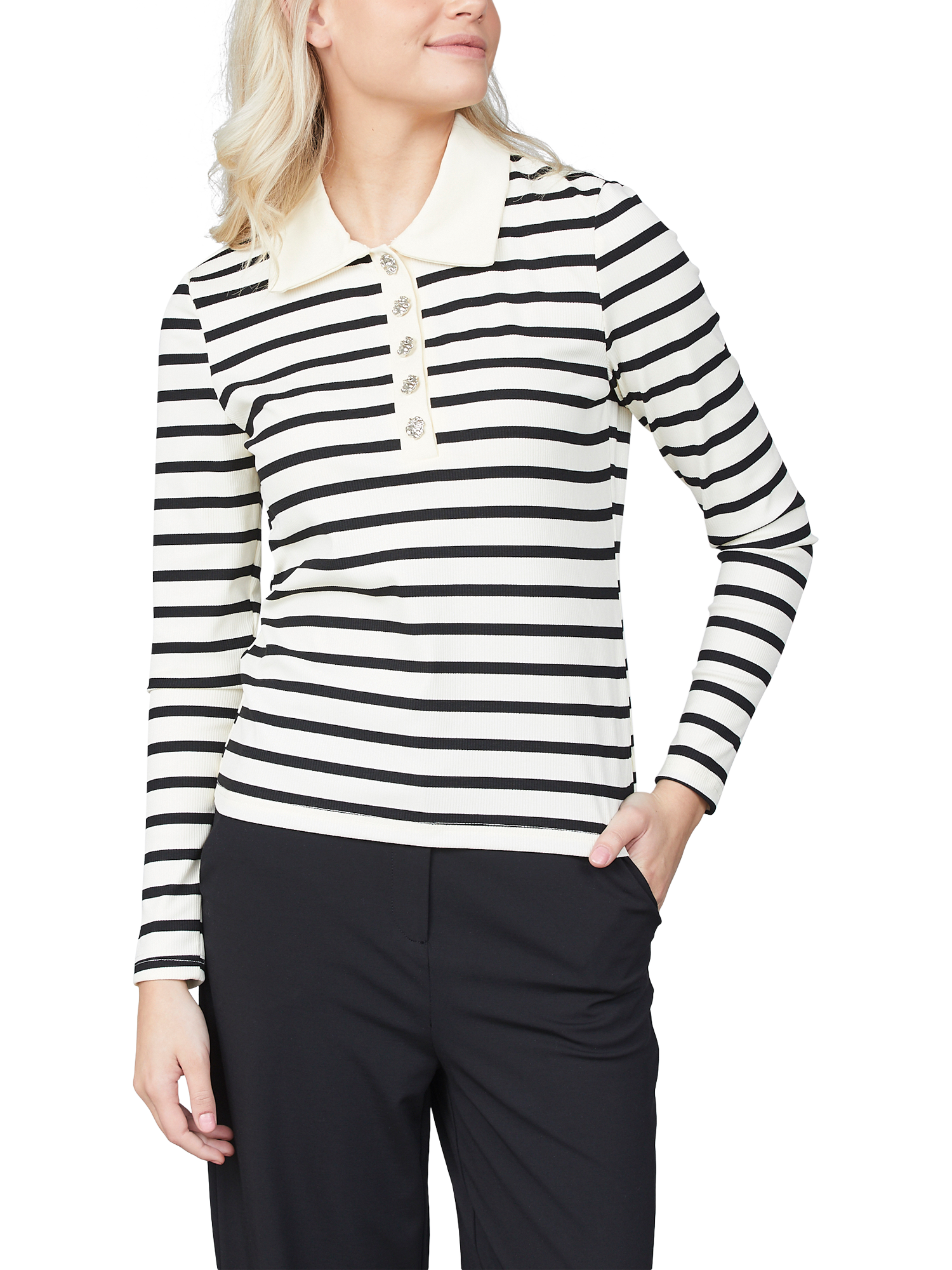 Product image 1 of 4, which shows Sisters Point Vepi Stripe Polo Shirt, Cream/Black, XL