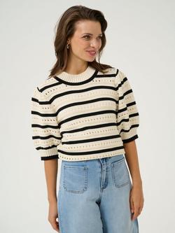 KAFFE Evelyn Stripe Short Sleeve Jumper, Beige/Multi