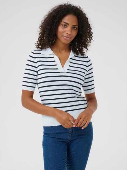 KAFFE Lizza Strile V-Neck Polo Knit, Chalk/Midnight, Chalk/Midnight
